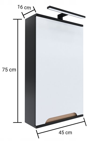 Skříňka se zrcadlem černá 45x16x75 černá/dub LED chrom Omeble