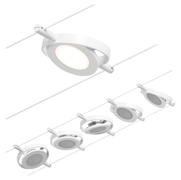 Paulmann Wire RoundMac LED lanový systém, 5-bodový, bílý, Bílá / opál, Chodba, kov, Moderní