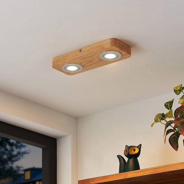 Lindby LED stropní svítidlo Mikari, 30 cm, dřevo, otočné, Světlé dřevo, Obývací pokoj / jídelna, Dřevo, Moderní
