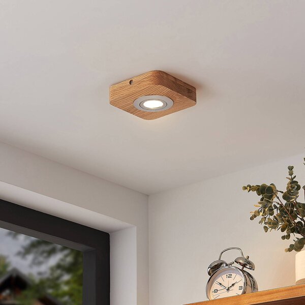 Lindby LED stropní svítidlo Mikari, 14 cm, dřevo, otočné, Světlé dřevo, Obývací pokoj / jídelna, Dřevo, Moderní