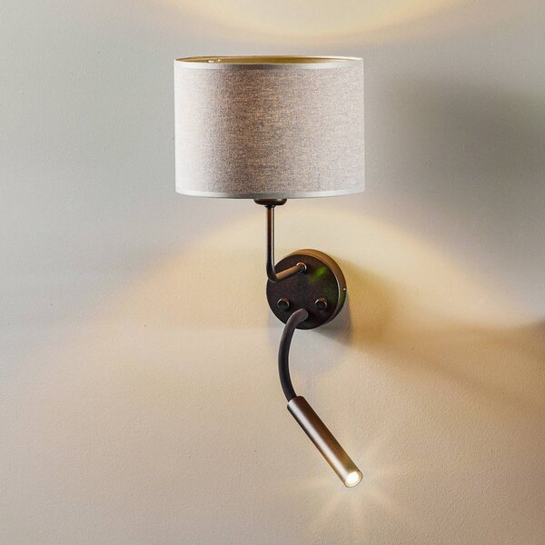 Nowodvorski Lighting Nástěnné světlo Hotel Plus s lampou na čtení, šedé, stmívatelný, Hliník / šedá / zinek, Ložnice, Textil / tkanina / hedvábí, Moderní