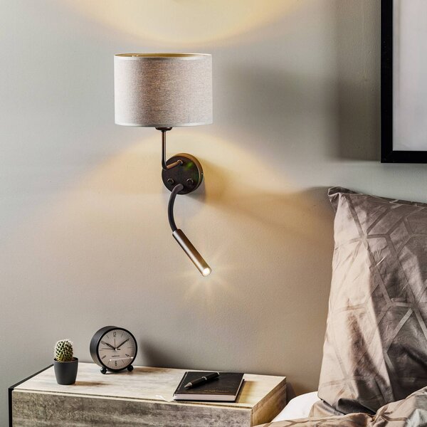 Nowodvorski Lighting Nástěnné světlo Hotel Plus s lampou na čtení, šedé, stmívatelný, Hliník / šedá / zinek, Ložnice, Textil / tkanina / hedvábí, Moderní