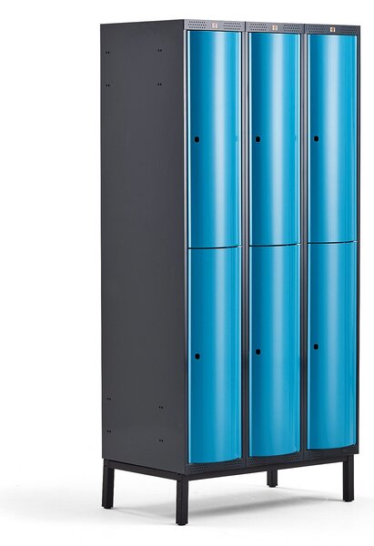 AJ Produkty Boxová šatní skříň CURVE, 3 sekce, 6 boxů, 1940x900x550 mm, nohy, modré dveře