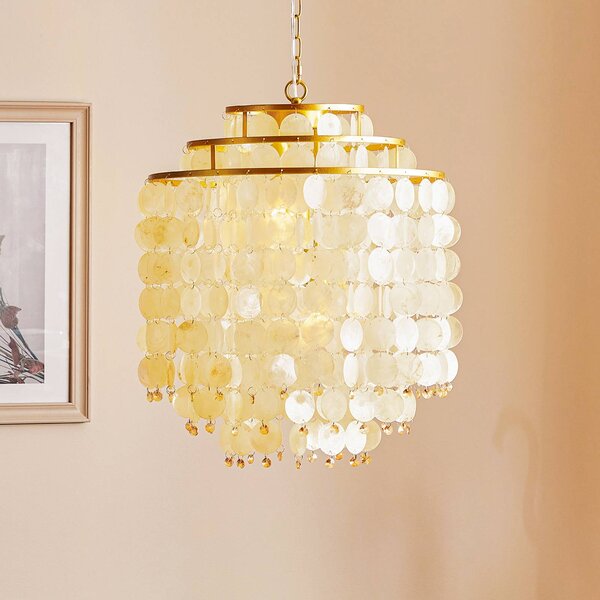 ONLI Závěsné světlo Ruben se stínidlem na lampu z perleťových disků, Mosaz / zlato, Obývací pokoj / jídelna, kov