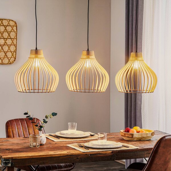 TEMAR LIGHTING Závěsné světlo Barrel s dřevěnými stínidly, 3-fl. dlouhé, stmívatelný, Světlé dřevo, Obývací pokoj / jídelna, Dřevo, Venkovský / rustikální