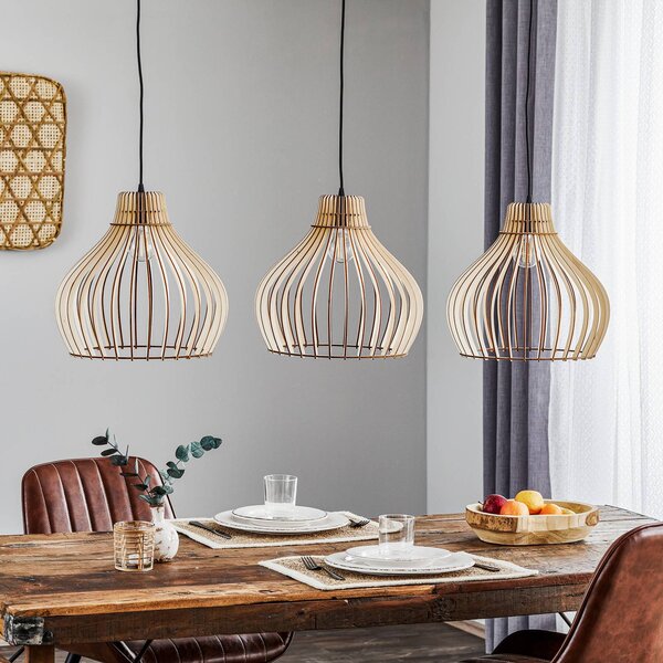TEMAR LIGHTING Závěsné světlo Barrel s dřevěnými stínidly, 3-fl. dlouhé, stmívatelný, Světlé dřevo, Obývací pokoj / jídelna, Dřevo, Venkovský / rustikální