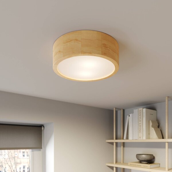 TEMAR LIGHTING Stropní svítidlo Cleo, Ø 27,5 cm, 2 světla, borovicové dřevo, E27, stmívatelný, Světlé dřevo, Obývací pokoj / jídelna, Moderní