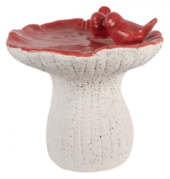 Cementová dekorace houba s červenou glazurou a dvěma ptáčky M – 19x18 cm
