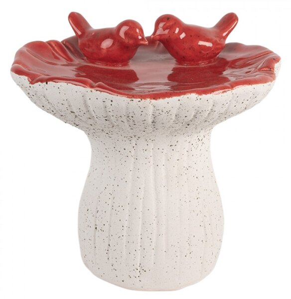 Cementová dekorace houba s červenou glazurou a dvěma ptáčky M – 19x18 cm