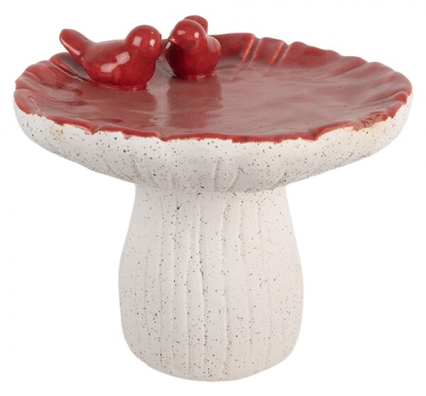 Cementová dekorace houba s červenou glazurou a dvěma ptáčky L – 25x21 cm