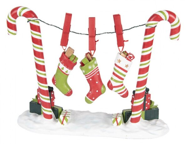 Zeleno-červená vánoční dekorace cukrové hůlky Candy Cane s ponožkami na šňůře – 32x10x25 cm