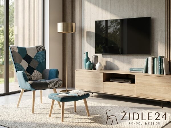 Relaxační křeslo ušák s podnožkou LYRO - modrá patchwork látka