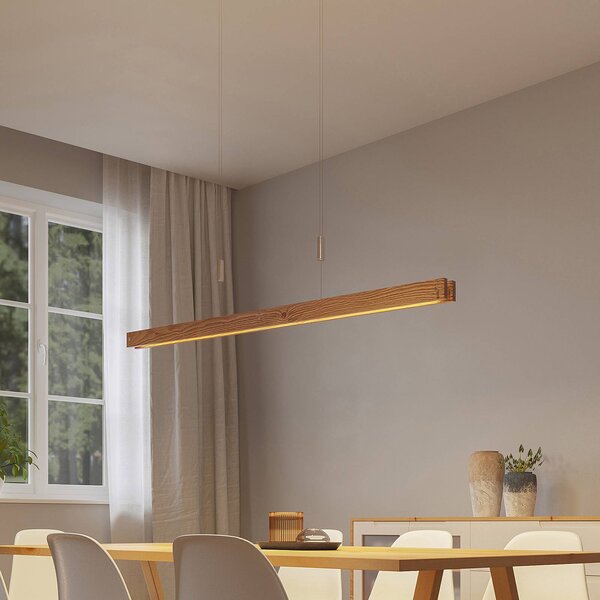 Lindby Dřevěné závěsné svítidlo Alimara LED, dřevo, délka 138 cm, stmívatelný, Světlé dřevo, Obývací pokoj / jídelna, kov, Moderní