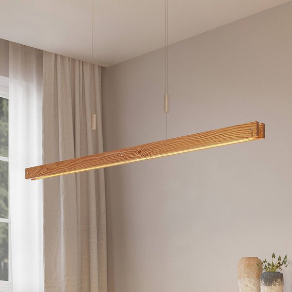 Lindby Dřevěné závěsné svítidlo Alimara LED, dřevo, délka 138 cm, stmívatelný, Světlé dřevo, Obývací pokoj / jídelna, kov, Moderní