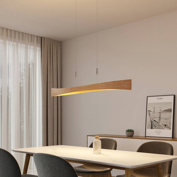 Lindby Závěsné svítidlo LED Beazina, dub, kov, 118 cm, stmívatelný, Světlé dřevo, Obývací pokoj / jídelna, kov, Moderní