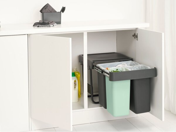 Vestavný plastový odpadkový koš na tříděný odpad v mentolovo-tmavě šedé barvě 10+10+20 l Sort&Go – Brabantia