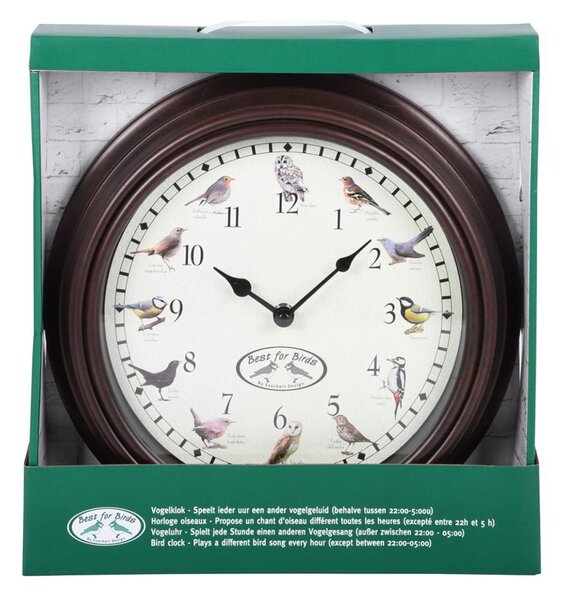 Esschert Design Hodiny se zvuky ptáků Birdse 30 cm hnědé