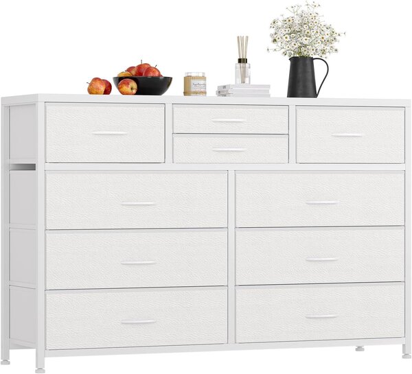 Komoda se zásuvkami, boční skříňka, univerzální, prostorná. Barva: bílá. Materiál: dřevotříska (MDF/dřevovláknitá deska), stabilní kovový rám, odolná konstrukce