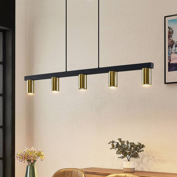 Lindby Závěsné svítidlo Baliko, černá/mosaz, 5 světel, GU10, stmívatelný, Černá, Obývací pokoj / jídelna, kov, Moderní