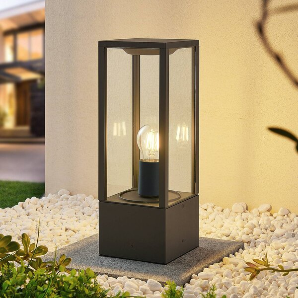 Lindby stojací lampa Peldar, antracitová/čirá, výška 40 cm, sklo, stmívatelný, Černá, Hliník, Moderní