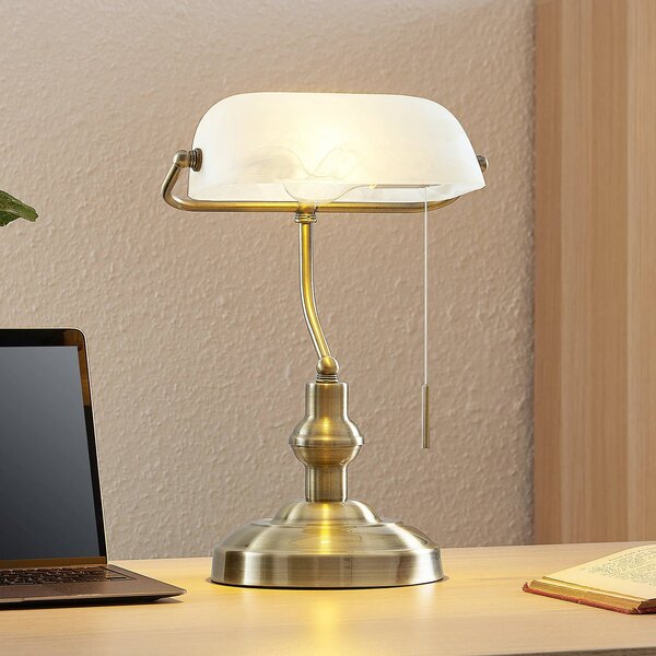 Lindby Profina, stolní lampa, bronz, Bronz / starožitná mosaz, Pracovna / kancelář, kov, Starožitný