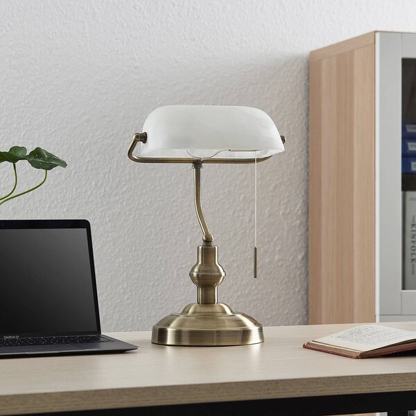 Lindby Profina, stolní lampa, bronz, Bronz / starožitná mosaz, Pracovna / kancelář, kov, Starožitný