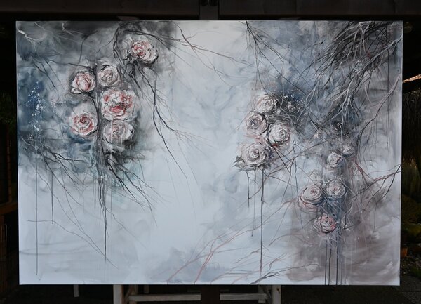 Ručně malovaný obraz od Anděla Janková - "Růže ve křoví", rozměr: 160 x 110 cm