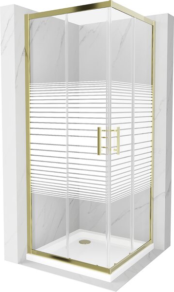 Mexen Rio, čtvercový sprchový kout s posuvnými dveřmi 90 (dveře) x 90 (dveře) x 190 cm, 5mm čiré sklo s pásky, zlatý profil + bílá sprchová vanička SLIM, 860-090-090-50-20-4010G
