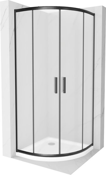 Mexen Rio, čtvrtkruhový sprchový kout 90(dveře)x90(dveře)x190 cm, 5mm sklo námraza, černý profil + bílá sprchová vanička SLIM, 863-090-090-70-30-4110B