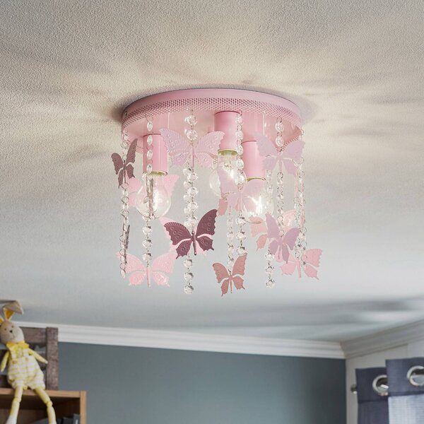 Eko-Light Stropní světlo Angelica v růžové barvě s motýly, stmívatelný, Fialová / růžová / barva růže, Dětský pokoj, kov, Young lifestyle