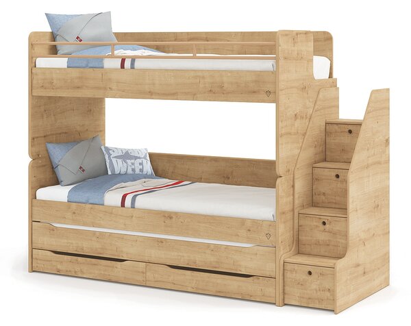 Patrová postel s přistýlkou, úložným prostorem a schůdky Modular - dub