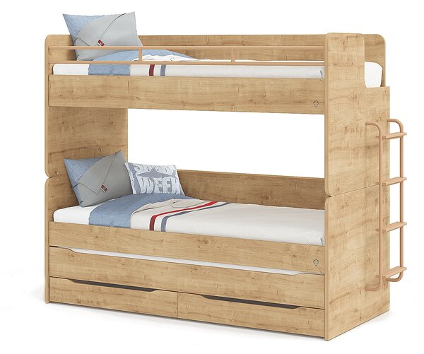 Patrová postel s přistýlkou, úložným prostorem a žebřík Modular - dub