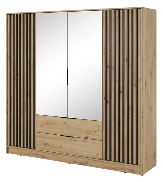 Čtyřdveřová skříň se zrcadlem MARFA - šířka 206 cm, dub artisan / černá