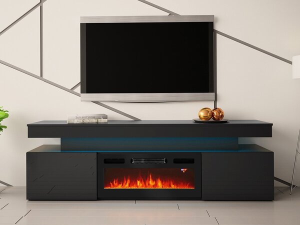 TV stolek s elektrickým krbem USOA - lesklý černý / matný černý + LED osvětlení ZDARMA