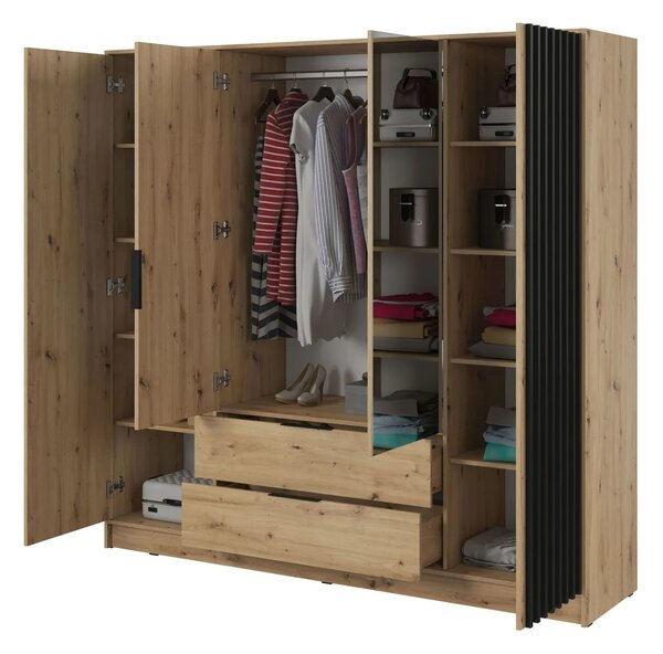 Čtyřdveřová skříň se zrcadlem MARFA - šířka 206 cm, dub artisan / černá
