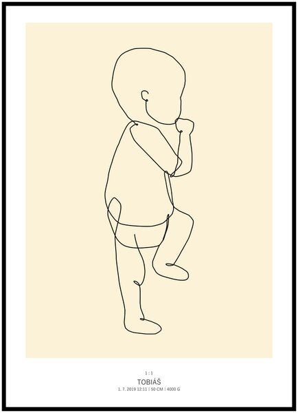 Plakát Vaše miminko v životní velikosti 50 x 70 cm Barva pozadí: Žlutá, Ležící na: Levé straně, Počet vyobrazených miminek: Jedno miminko, Varianta: Jedním tahem
