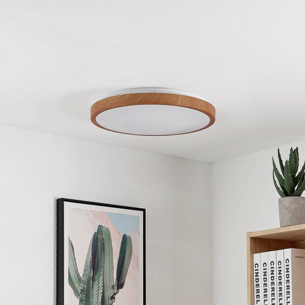 Lindby LED stropní svítidlo Mynte, Ø42cm, dřevěný vzhled, plast, Světlé dřevo, Obývací pokoj / jídelna, Plast, Moderní