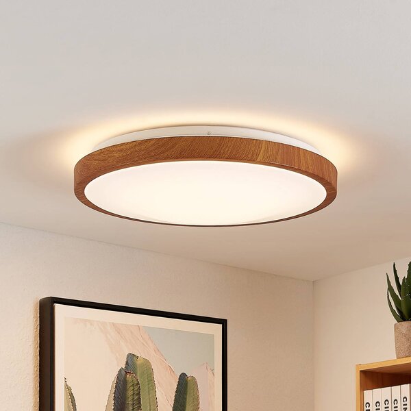 Lindby LED stropní svítidlo Mynte, Ø42cm, dřevěný vzhled, plast, Světlé dřevo, Obývací pokoj / jídelna, Plast, Moderní