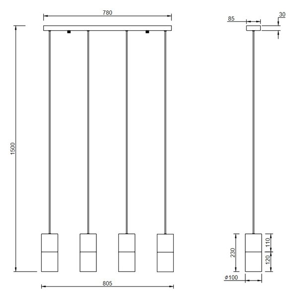 Trio Leuchten 310600432 ROBIN - Závěsné kuchyňské svítidlo s černými kouřovými skly 4 x E27, 80cm šířka (Moderní závěsný čtyřramenný lustr vhodný nad jídelní stůl)