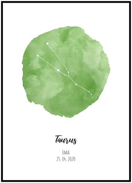 Plakát Znamení zvěrokruhu na míru Rozměr plakátu: 50 x 70 cm, Znamení zvěrokruhu: Býk, Barevné provedení: Zelená, Tvar podkladu: Kaňka