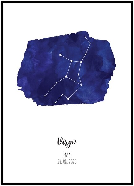 Plakát Znamení zvěrokruhu na míru Rozměr plakátu: 40 x 50 cm, Znamení zvěrokruhu: Panna, Barevné provedení: Tmavě modrá, Tvar podkladu: Tah štětce