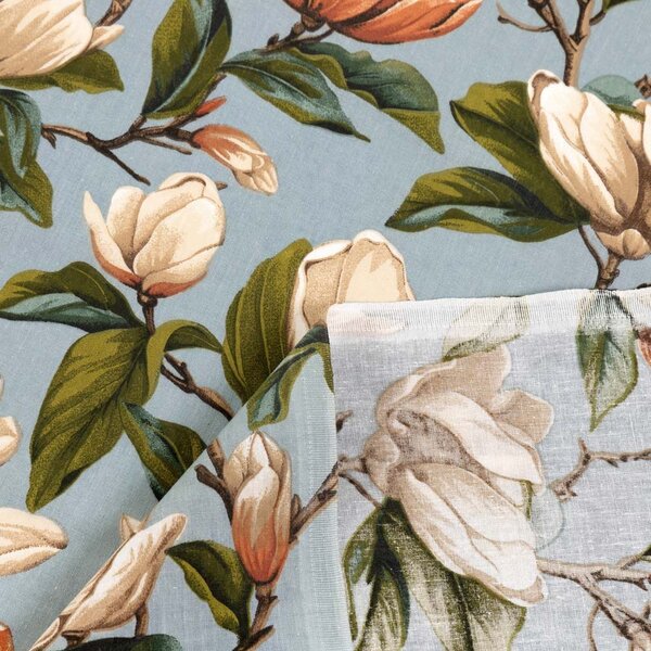 Biante Bavlněný závěs Sandra SA-545 Květy magnolie na šedomodrém 150x140 cm