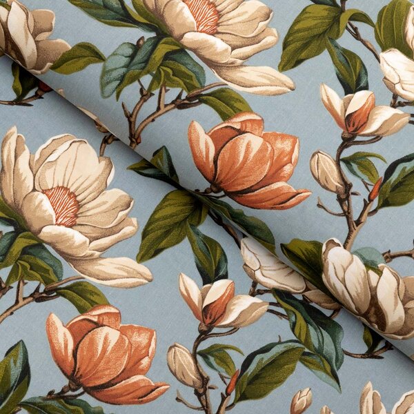 Biante Bavlněný povlak na polštář Sandra SA-545 Květy magnolie na šedomodrém 30 x 50 cm