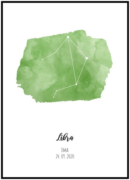Plakát Znamení zvěrokruhu na míru Rozměr plakátu: 40 x 50 cm, Znamení zvěrokruhu: Váhy, Barevné provedení: Zelená, Tvar podkladu: Tah štětce