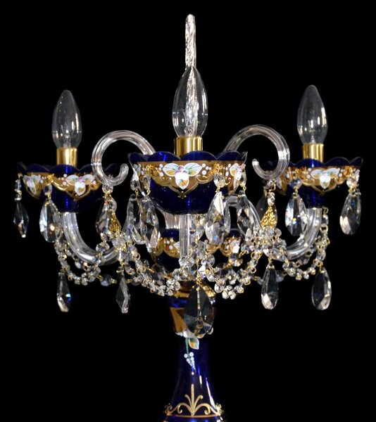 DBK GLASS Tříramenná stolní lampa z modrého skla, zdobená smaltem II. SE-0603-3-SM