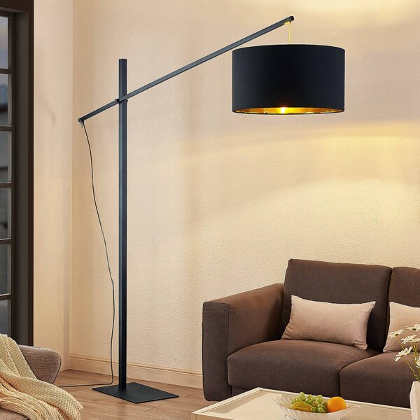 Arcchio oblouková lampa Mossa, 200 cm, černo-zlatá, textilní, Černá, Obývací pokoj / jídelna, kov, Moderní