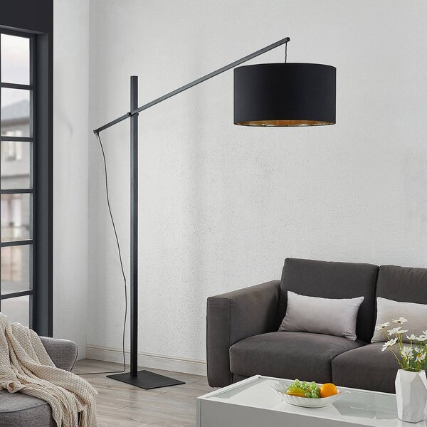 Arcchio oblouková lampa Mossa, 200 cm, černo-zlatá, textilní, Černá, Obývací pokoj / jídelna, kov, Moderní