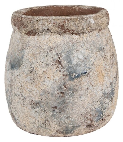 Béžovo-modrý kameninový obal na květináč s patinou ve tvaru soudku Jurrien Blauw I – 14x14 cm