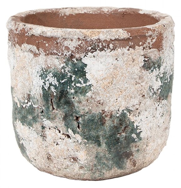 Béžovo-zelený kameninový obal na květináč s patinou Jurrien VII M – 14x12 cm