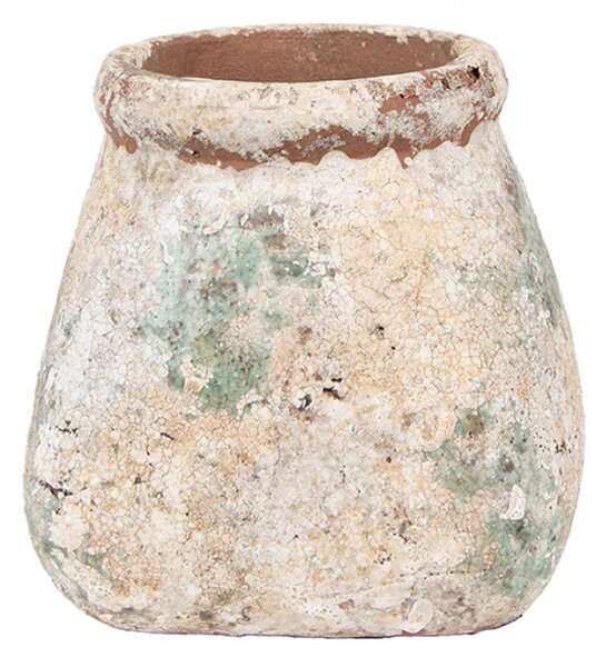 Béžovo-zelený kameninový obal na květináč s patinou Jurrien V M – 14x14x13 cm